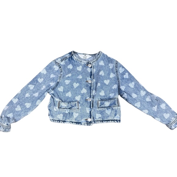 H&M Blue Heart Print Denim Jacket & Paper Bag Skirt Set Girls Size 7 Kids - Picture 2 of 8